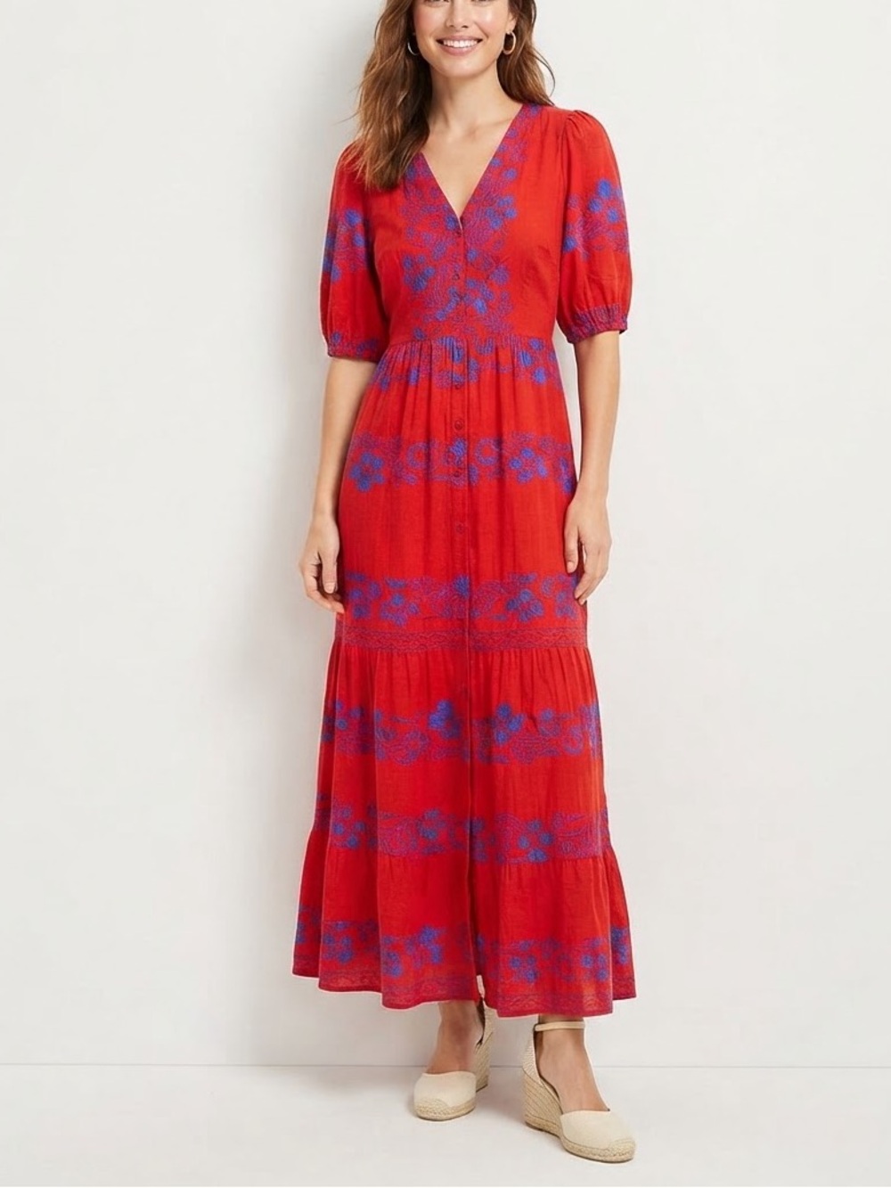 CELINA MOON Red Maxi Dress with Blue Floral Print